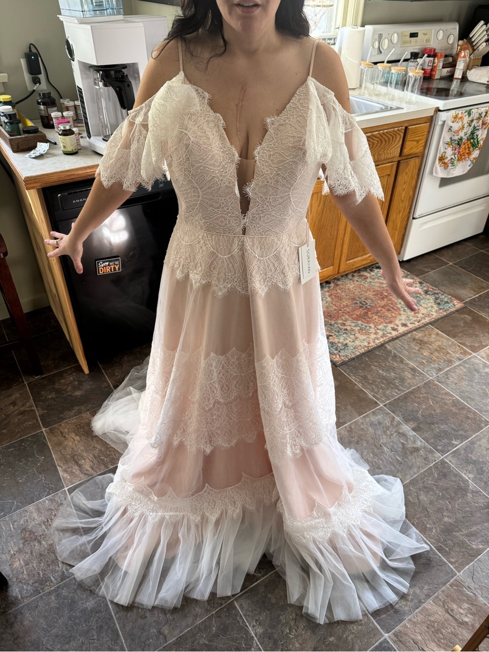 Romantic Lace Cold-Shoulder Bridal Gown in Nude Pink - Picture 2 of 6